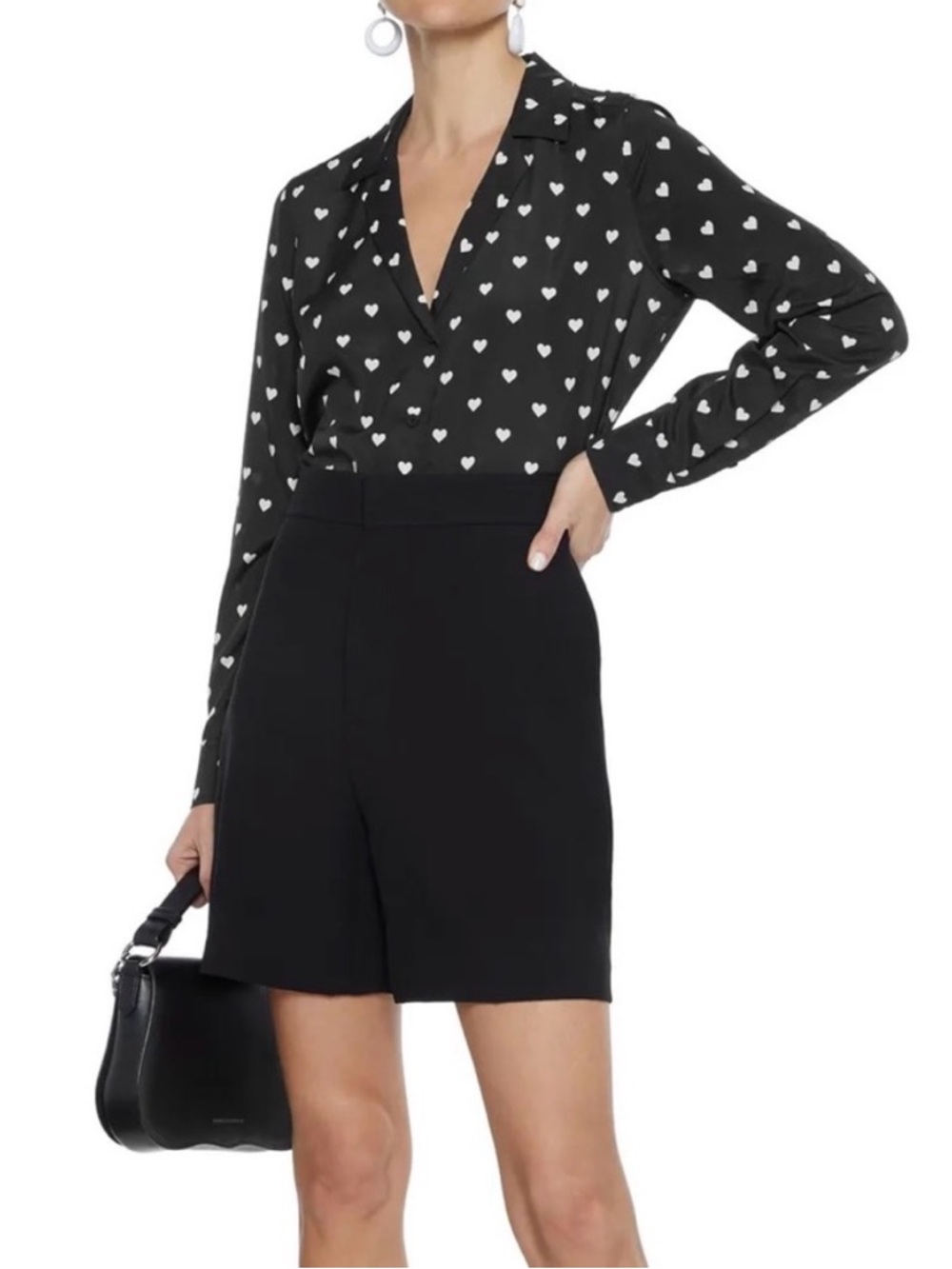 Equipment Femme Black and White Heart Print Adalyn Button Down Long Sleeve Top